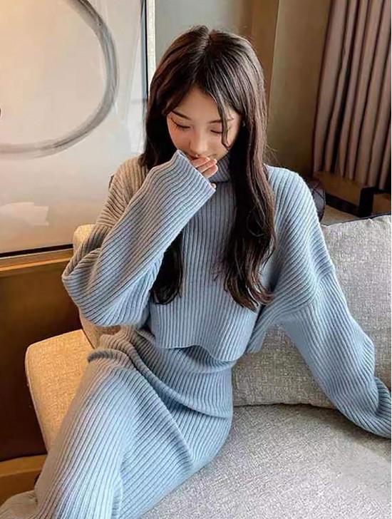 Solid Color Ribbed Sweater and Dress Set
